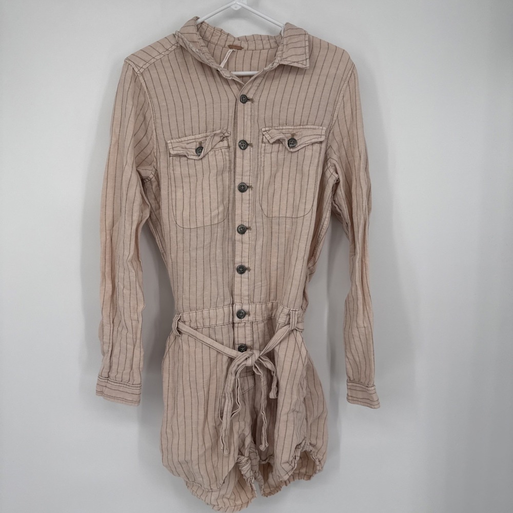 Free People Women M Linen Blend Pinstripe LongSleeve Belted Romper Boho Coquette